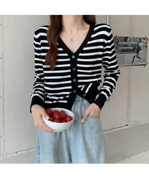 Burner（バーナー）の「【OKUOKU　0909】Vネック ボーダー カーディガン　oku-tops-689421275852-169（カーディガン/ボレロ・レディース・C/A/B・FREE）」の2枚目の写真