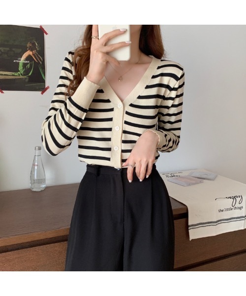 Burner（バーナー）の「【OKUOKU　0909】Vネック ボーダー カーディガン　oku-tops-689421275852-169（カーディガン/ボレロ・レディース・C/A/B・FREE）」の3枚目の写真