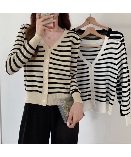 Burner（バーナー）の「【OKUOKU　0909】Vネック ボーダー カーディガン　oku-tops-689421275852-169（カーディガン/ボレロ・レディース・C/A/B・FREE）」の8枚目の写真