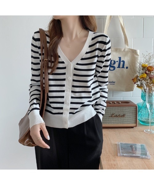 Burner（バーナー）の「【OKUOKU　0909】Vネック ボーダー カーディガン　oku-tops-689421275852-169（カーディガン/ボレロ・レディース・C/A/B・FREE）」の9枚目の写真