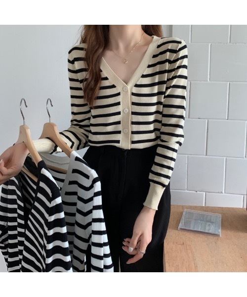 Burner（バーナー）の「【OKUOKU　0909】Vネック ボーダー カーディガン　oku-tops-689421275852-169（カーディガン/ボレロ・レディース・C/A/B・FREE）」の11枚目の写真