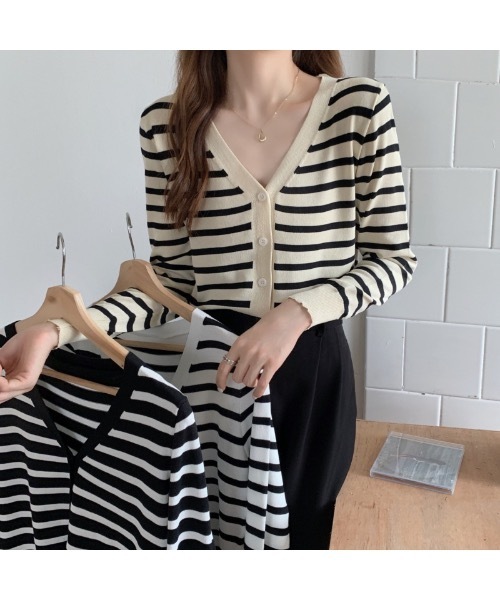 Burner（バーナー）の「【OKUOKU　0909】Vネック ボーダー カーディガン　oku-tops-689421275852-169（カーディガン/ボレロ・レディース・C/A/B・FREE）」の12枚目の写真