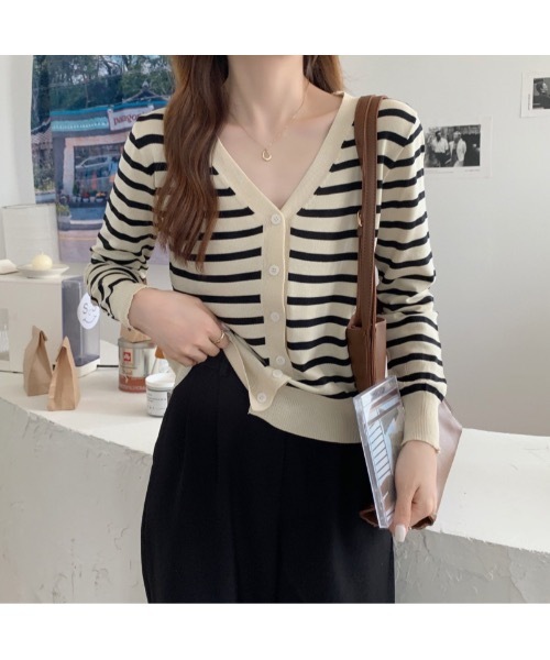 Burner（バーナー）の「【OKUOKU　0909】Vネック ボーダー カーディガン　oku-tops-689421275852-169（カーディガン/ボレロ・レディース・C/A/B・FREE）」の13枚目の写真