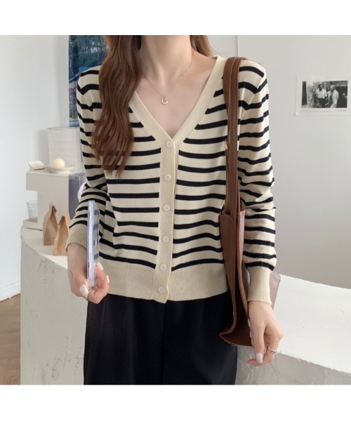 Burner（バーナー）の「【OKUOKU　0909】Vネック ボーダー カーディガン　oku-tops-689421275852-169（カーディガン/ボレロ・レディース・C/A/B・FREE）」の14枚目の写真