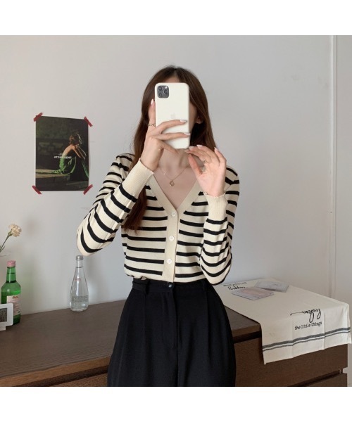 Burner（バーナー）の「【OKUOKU　0909】Vネック ボーダー カーディガン　oku-tops-689421275852-169（カーディガン/ボレロ・レディース・C/A/B・FREE）」の18枚目の写真