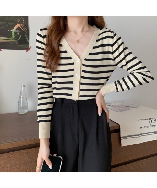 Burner（バーナー）の「【OKUOKU　0909】Vネック ボーダー カーディガン　oku-tops-689421275852-169（カーディガン/ボレロ・レディース・C/A/B・FREE）」の16枚目の写真