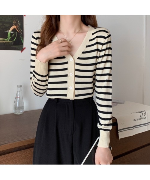 Burner（バーナー）の「【OKUOKU　0909】Vネック ボーダー カーディガン　oku-tops-689421275852-169（カーディガン/ボレロ・レディース・C/A/B・FREE）」の17枚目の写真