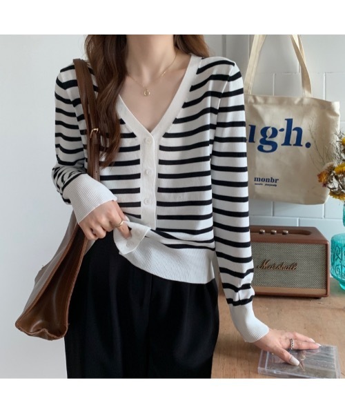 Burner（バーナー）の「【OKUOKU　0909】Vネック ボーダー カーディガン　oku-tops-689421275852-169（カーディガン/ボレロ・レディース・C/A/B・FREE）」の10枚目の写真