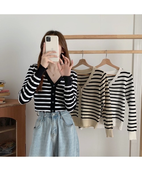 Burner（バーナー）の「【OKUOKU　0909】Vネック ボーダー カーディガン　oku-tops-689421275852-169（カーディガン/ボレロ・レディース・C/A/B・FREE）」の7枚目の写真