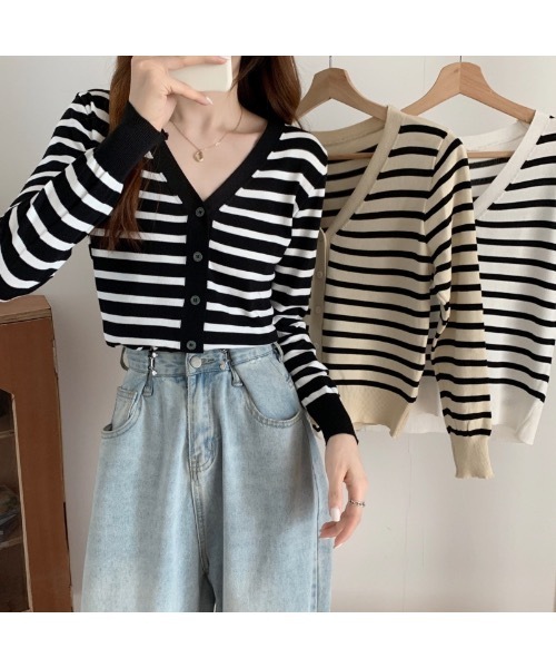 Burner（バーナー）の「【OKUOKU　0909】Vネック ボーダー カーディガン　oku-tops-689421275852-169（カーディガン/ボレロ・レディース・C/A/B・FREE）」の6枚目の写真