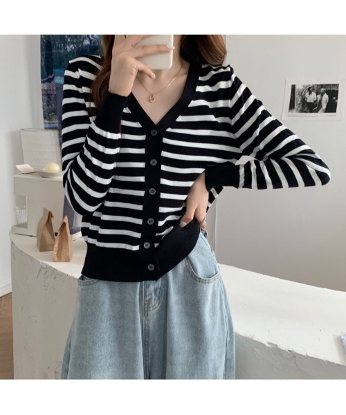 Burner（バーナー）の「【OKUOKU　0909】Vネック ボーダー カーディガン　oku-tops-689421275852-169（カーディガン/ボレロ・レディース・C/A/B・FREE）」の19枚目の写真