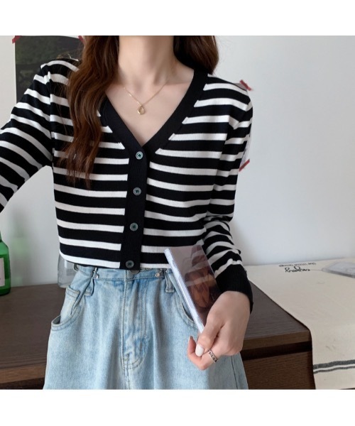 Burner（バーナー）の「【OKUOKU　0909】Vネック ボーダー カーディガン　oku-tops-689421275852-169（カーディガン/ボレロ・レディース・C/A/B・FREE）」の21枚目の写真