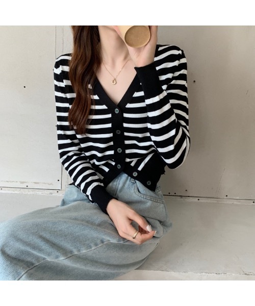 Burner（バーナー）の「【OKUOKU　0909】Vネック ボーダー カーディガン　oku-tops-689421275852-169（カーディガン/ボレロ・レディース・C/A/B・FREE）」の22枚目の写真