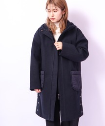 Chumandor フェイクウール×ひょうたんキルト切替フード付きコート