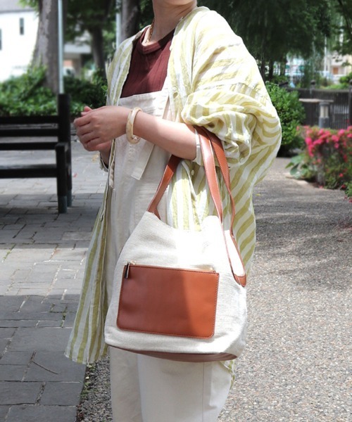 T・S・L（ティーエスエル）の「ハンプ×合皮バケツ型トートバッグ（トートバッグ・レディース・ミント/イエロー/ブラウン/ブラック・FREE）」の3枚目の写真