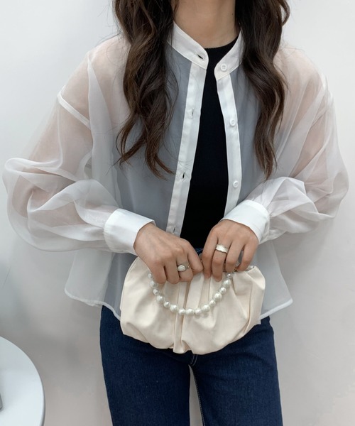 極美品✨【アドーア】ノーカラーシャツブラウス 裾シフォン 総裏地 ネイビー 38 極美品✨【アドーア】ノーカラーシャツブラウス 裾シフォン 総