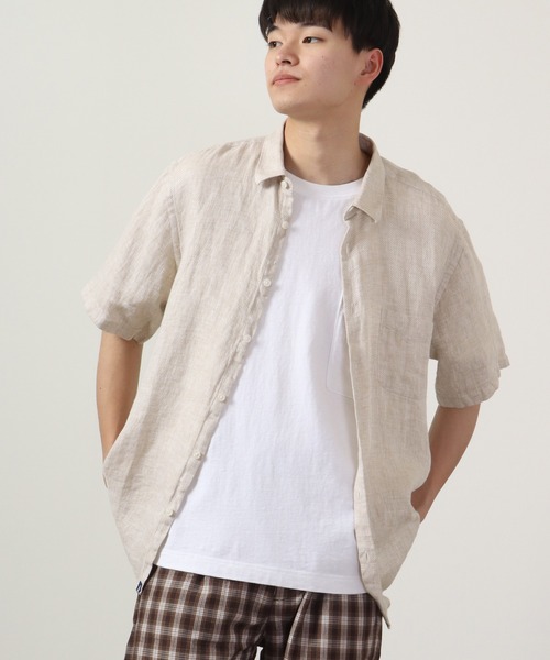 many men many mind(メニーメンメニーマインド)の「Many men many minds リネンパナマショートスリーブシャツ 半袖(シャツ/ブラウス・メンズ・ネイビー/ベージュ/ホワイト/サックスブルー系・M/L/XL)」の15枚目の写真