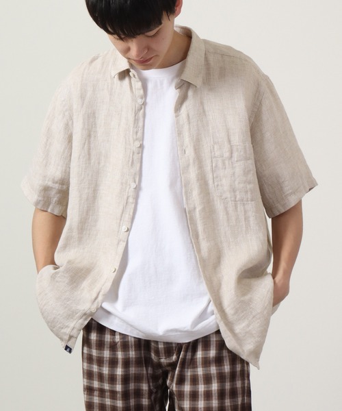 many men many mind(メニーメンメニーマインド)の「Many men many minds リネンパナマショートスリーブシャツ 半袖(シャツ/ブラウス・メンズ・ネイビー/ベージュ/ホワイト/サックスブルー系・M/L/XL)」の14枚目の写真