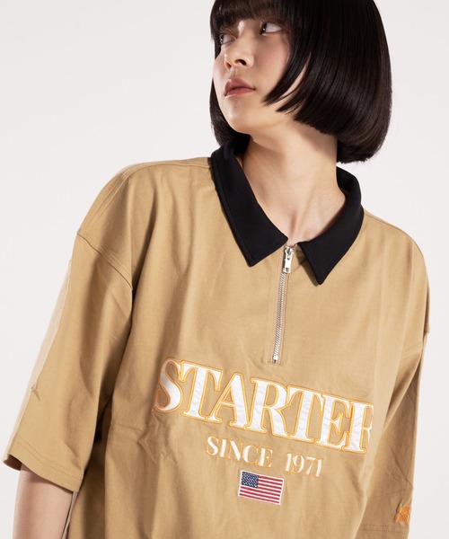 STARTER(スターター)の「STARTER-ハーフジップ衿配色Tシャツ(Tシャツ/カットソー・メンズ・ブラック/ベージュ・L/XL)」の2枚目の写真