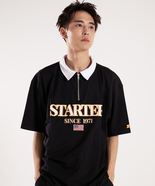 STARTER(スターター)の「STARTER-ハーフジップ衿配色Tシャツ(Tシャツ/カットソー・メンズ・ブラック/ベージュ・L/XL)」の1枚目の写真