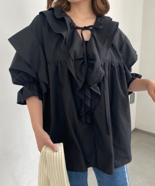 お値下げ アンミヌ ☆フリルカラーボリュームチュニック☆ セール】付け襟風ボリュームフリルブラウスチュニック（シャツ