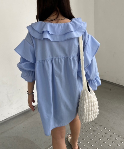 nemne store(ネンネストア)の「付け襟風ボリュームフリルブラウスチュニック(シャツ/ブラウス・レディース・アイボリー/ブルー/ブラック・フリー)」の19枚目の写真