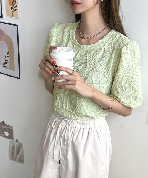 Futier land（フューティアランド）の「立体ウェーブシアートップス（Tシャツ/カットソー・レディース・ホワイト/ライトグリーン/グリーン系その他・FREE）」の7枚目の写真