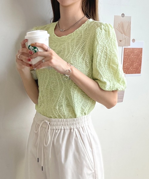 Futier land（フューティアランド）の「立体ウェーブシアートップス（Tシャツ/カットソー・レディース・ホワイト/ライトグリーン/グリーン系その他・FREE）」の8枚目の写真