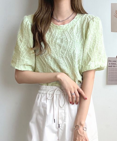 Futier land（フューティアランド）の「立体ウェーブシアートップス（Tシャツ/カットソー・レディース・ホワイト/ライトグリーン/グリーン系その他・FREE）」の9枚目の写真