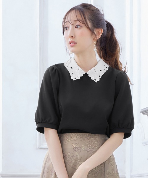 alotta(アロッタ)の「刺しゅう衿付き5分袖トップス(Tシャツ/カットソー・レディース・グレイッシュブルー/ブラック・L/M/LL/3L)」の2枚目の写真