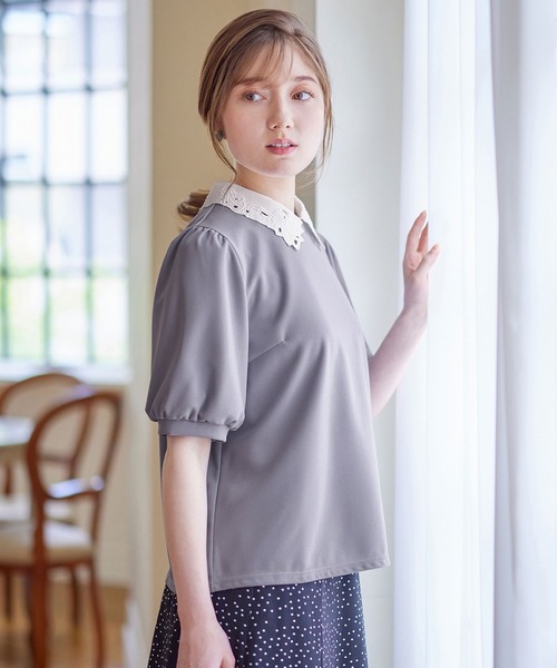 alotta(アロッタ)の「刺しゅう衿付き5分袖トップス(Tシャツ/カットソー・レディース・グレイッシュブルー/ブラック・L/M/LL/3L)」の7枚目の写真