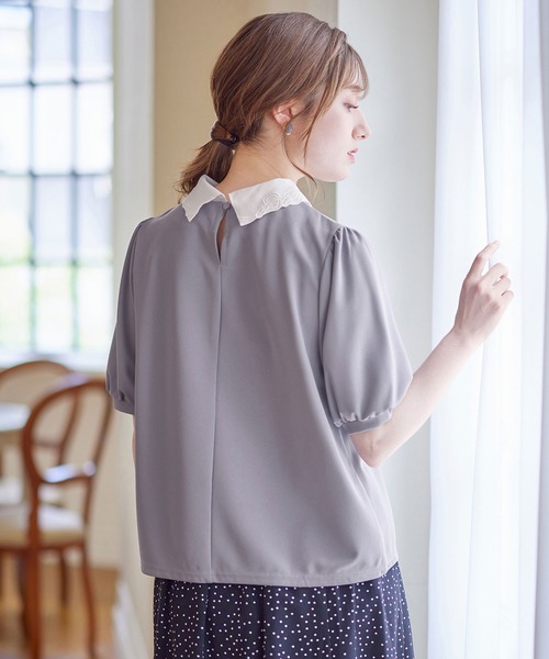 alotta(アロッタ)の「刺しゅう衿付き5分袖トップス(Tシャツ/カットソー・レディース・グレイッシュブルー/ブラック・L/M/LL/3L)」の8枚目の写真