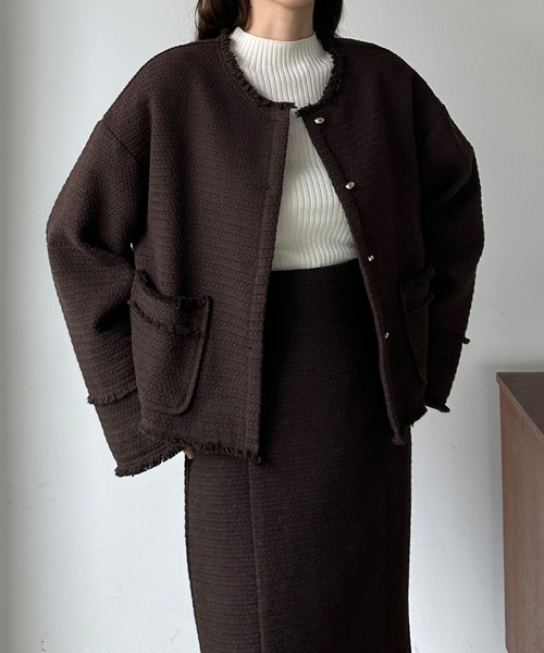 Louere（ルエレ）の「オーバルボタンルーズツイードジャケット（ノーカラージャケット・レディース・ブラック/アイボリー/ブラウン/ネイビー/モカ・X-LARGE/SMALL/MEDIUM/LARGE）」の14枚目の写真