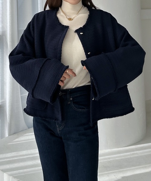 セール】オーバルボタンルーズツイードジャケット（ノーカラー