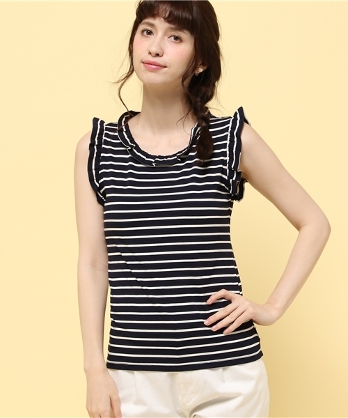 LIMITLESS LUXURY(リミットレスラグジュアリー)の「フリルボーダーカットソー◆(Tシャツ/カットソー・レディース・グレー/ホワイト/ネイビー・FREE)」の3枚目の写真