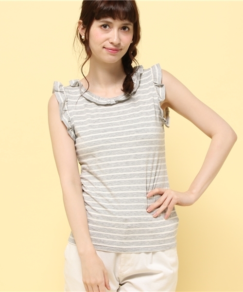LIMITLESS LUXURY(リミットレスラグジュアリー)の「フリルボーダーカットソー◆(Tシャツ/カットソー・レディース・グレー/ホワイト/ネイビー・FREE)」の1枚目の写真