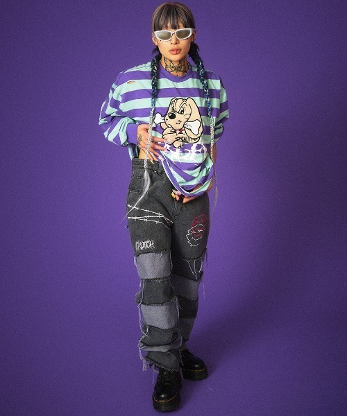 ガルフィー ビリビリボーダーロングスリーブ Tシャツ ブラック グレー GALFY (ガルフィー) ビリビリボーダー ロンTee BLACK/GRAY