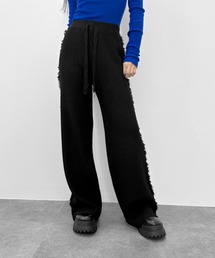 LVEU. | 【LVEU.】フリンジサイドラインニットパンツ / ボトムス パンツ リブ ニット ワイド ストレート サイド フリンジ ブラック(その他パンツ)