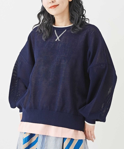 CUBE SUGAR(キューブシュガー)の「スポンディッシュニットメッシュ柄プルオーバー(ニット/セーター・レディース・ホワイト/ネイビー/ホワイト×ネイビー/レッド/イエロー・M)」の3枚目の写真