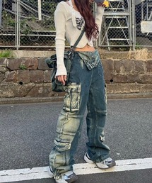XU | ストリートファッション XU エックスユー waist design denim pants カーゴデニム カーゴパンツ デニムパンツ ジーンズ ジーパン ワイドデニム ワイドパンツ オーバーサイズ ポケットカーゴパンツ 長ズボン 韓国ファッション 韓国ストリート(デニムパンツ)
