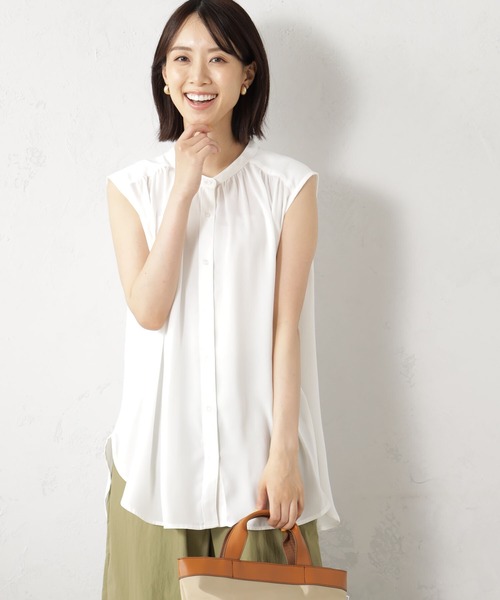 WONDERFUL WORLD / 朝顔ノースリーブブラウス  パープル O-25-07-11-007-LO-BL-IG-OS セール】ビッグフリルカラーノースリーブブラウス（シャツ