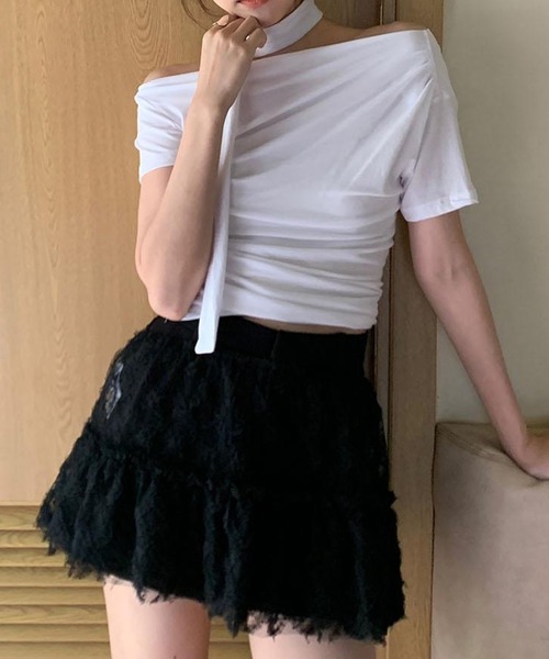 リボン付きドレープデザインオフショルトップス（Tシャツ