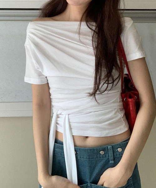 セール】リボン付きドレープデザインオフショルトップス（Tシャツ