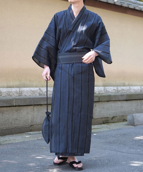 特殊織り黒半幅帯つき◆■最高級しじら織浴衣 波縞紺■反物染め抜きの抜染■ 特殊織り黒半幅帯つき◇□最高級しじら織浴衣 波