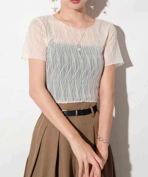 Rejoule（リジュール）の「ウェーブ柄レースシアートップス（Tシャツ/カットソー・レディース・ホワイト/アイボリー/ブラック・FREE）」の7枚目の写真
