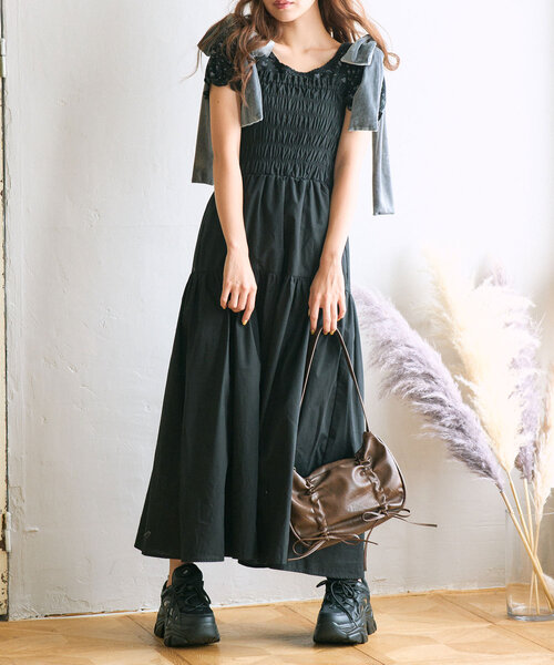 OLIVE des OLIVE（オリーブデオリーブ）の「【S/Mサイズ展開】ベロアリボン付きシャーリングワンピ（ワンピース・レディース・ブラウン/チェック/ブラック/ブラウン系その他・MEDIUM/SMALL）」の5枚目の写真