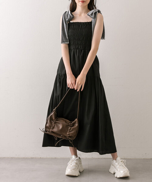 OLIVE des OLIVE（オリーブデオリーブ）の「【S/Mサイズ展開】ベロアリボン付きシャーリングワンピ（ワンピース・レディース・ブラウン/チェック/ブラック/ブラウン系その他・MEDIUM/SMALL）」の7枚目の写真