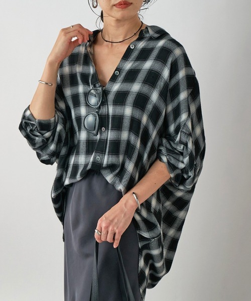 RIVE DROITE（リヴドロワ）の「ウォッシュドチェックワイドシャツ（シャツ/ブラウス・レディース・ブラック/ブラウン/ベージュ/キャメル/ホワイト/モカ・FREE）」の7枚目の写真