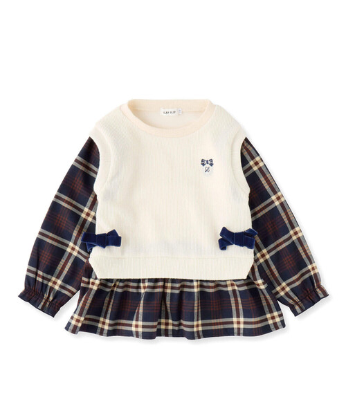 SLAP SLIP（スラップスリップ）の「【お揃い】サイドリボン裾スリットベストドッキングチェック柄トップス(80~130cm)（シャツ/ブラウス・キッズ・ベージュ/オフホワイト・130cm/110cm/90cm/80ｃｍ/120cm/100cm）」の7枚目の写真