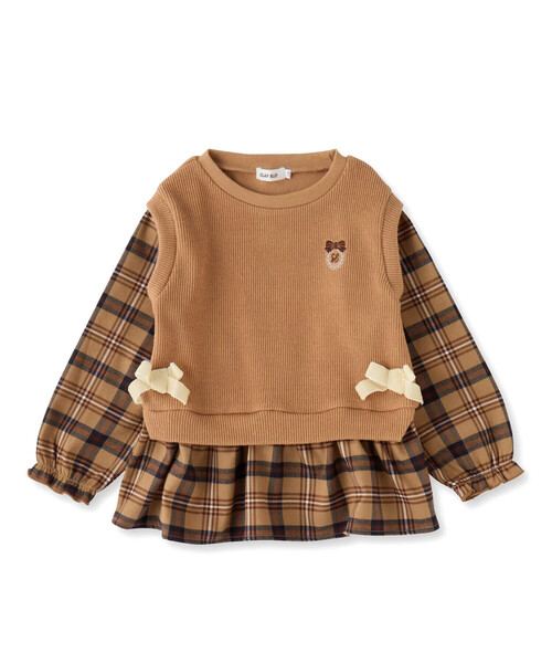 SLAP SLIP（スラップスリップ）の「【お揃い】サイドリボン裾スリットベストドッキングチェック柄トップス(80~130cm)（シャツ/ブラウス・キッズ・ベージュ/オフホワイト・130cm/110cm/90cm/80ｃｍ/120cm/100cm）」の12枚目の写真